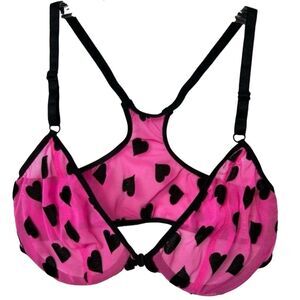 Victoria’s Secret Mesh Bra Pink with Black Velvet Hearts Size 34C
